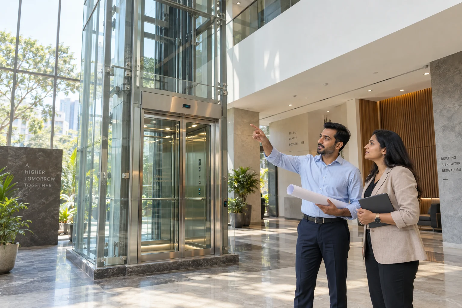 Elevator specialists reviewing a completed glass lift installation